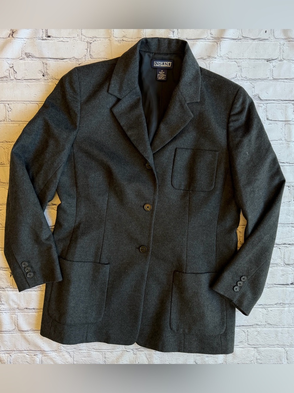 Lands End Women's Wool Cashmere Blazer Dark Gray 12 Hong Kong Academia Old Money